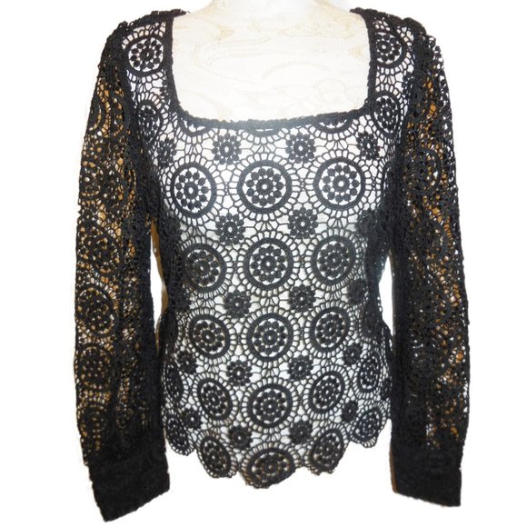Blouse Black Lace NEW Long Sleeve tunic blouse see-through summer tunic top - Picture 3 of 13